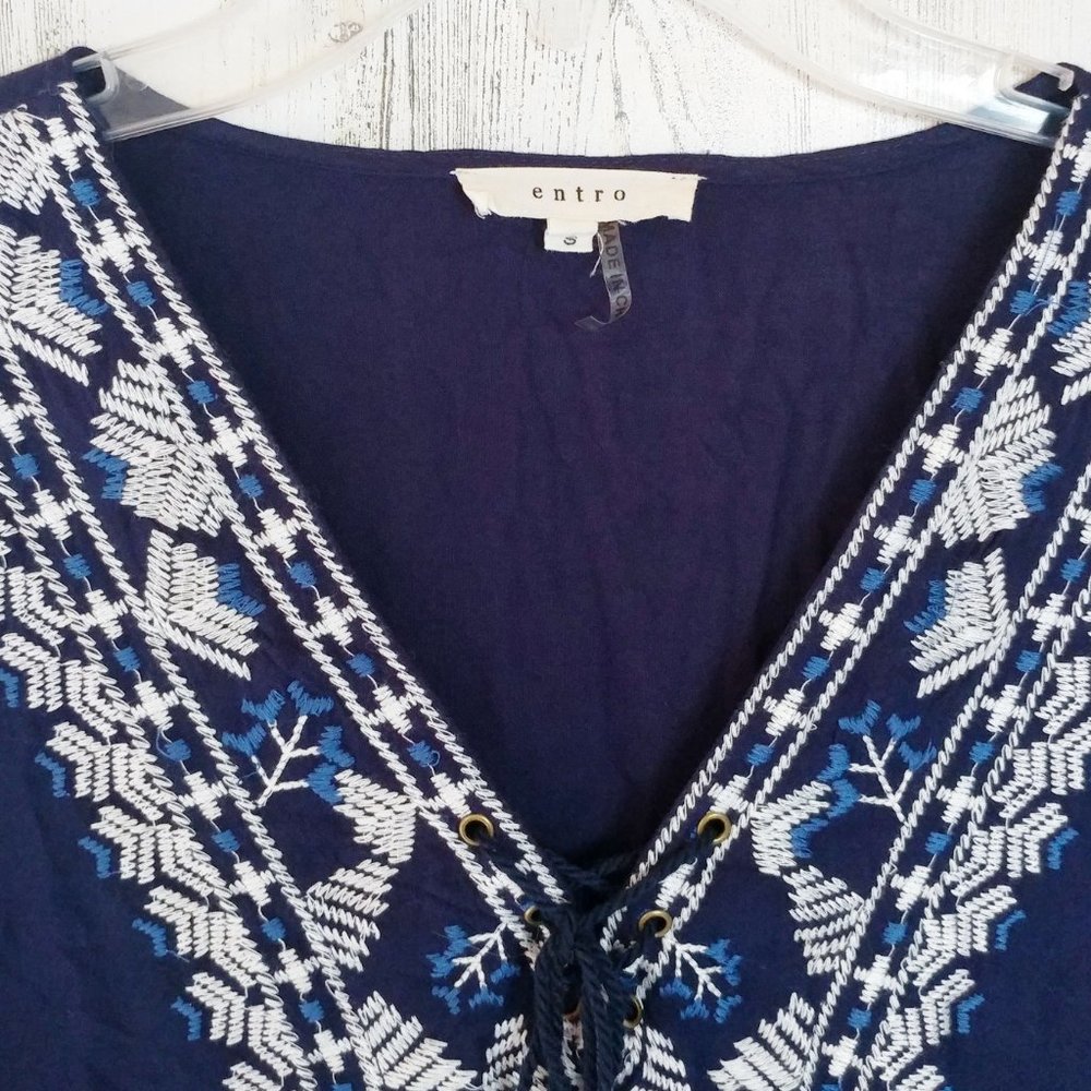 Small Navy Embroidered Tunic Top Bell Sleeves Boho - Picture 3 of 5